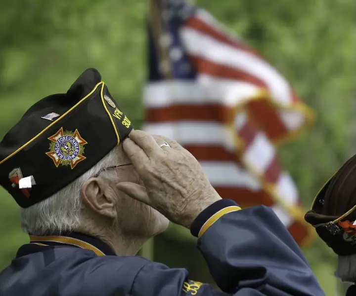 Two veterans saluting in front of American flags